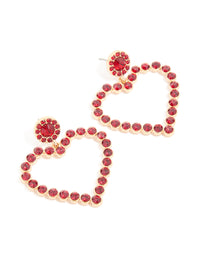 Gold Red Diamante Open Heart Drop Earrings - link has visual effect only