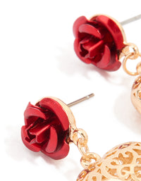 Gold Red Rose & Heart Drop Earrings - link has visual effect only