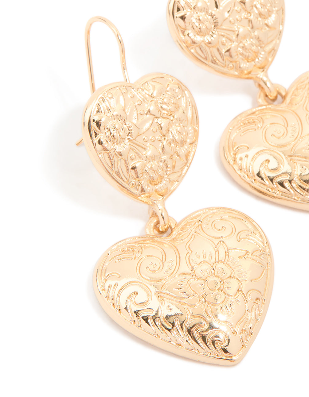 Gold Double Textured Hearts Drop Earrings