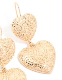 Gold Double Textured Hearts Drop Earrings - link has visual effect only