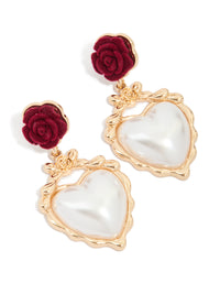 Gold Red Flower & Pearl Heart Drop Earrings - link has visual effect only