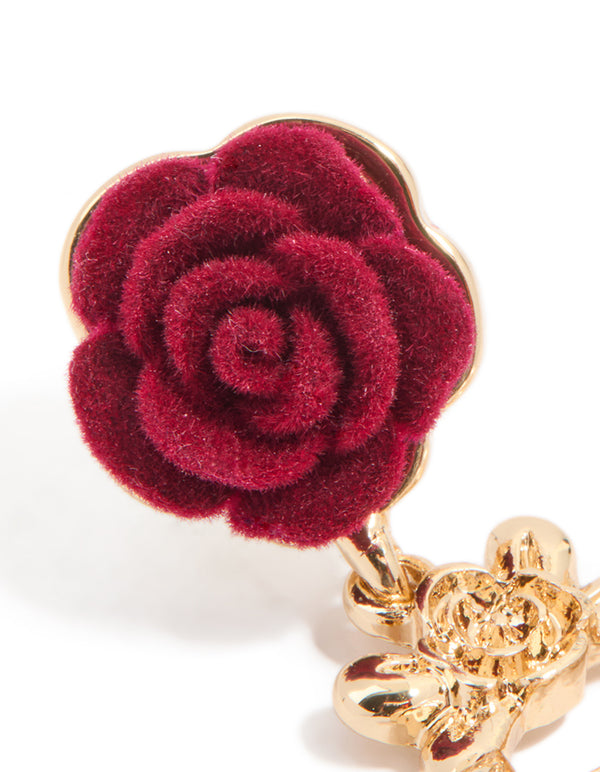 Gold Red Flower & Pearl Heart Drop Earrings
