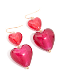 Gold Pink Double Puffy Hearts Drop Earrings - link has visual effect only