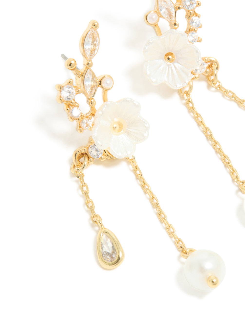 Gold Plated Cubic Zirconia Flower & Leaf Pearl Chain Drop Earrings - Lovisa
