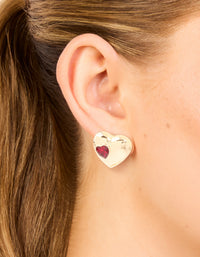 Gold Puffy Heart With Red Diamante Detail Stud Earrings - link has visual effect only