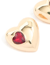 Gold Puffy Heart With Red Diamante Detail Stud Earrings - link has visual effect only