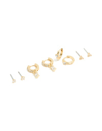 Gold Plated Cubic Zirconia Baguette Studs & Huggie Earrings 4-Pack - link has visual effect only