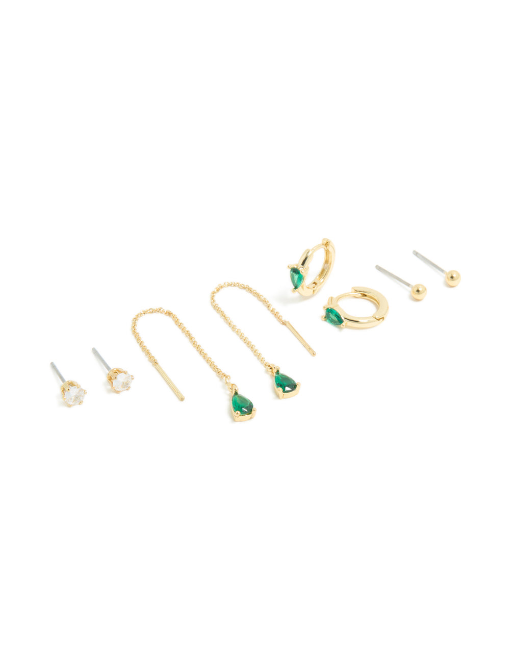 Gold Plated Emerald Cubic Zirconia Thread Through & Huggie Earrings 4-Pack