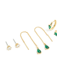 Gold Plated Emerald Cubic Zirconia Thread Through & Huggie Earrings 4-Pack - link has visual effect only