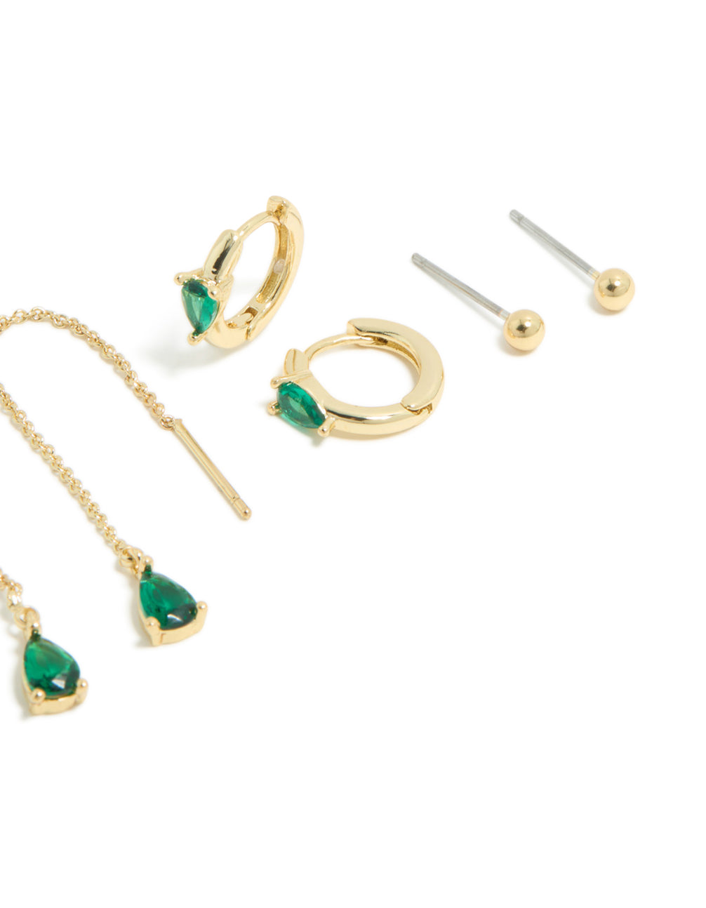 Gold Plated Emerald Cubic Zirconia Thread Through & Huggie Earrings 4-Pack