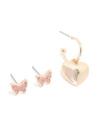 Gold Heart & Dainty Bow Earrings 4 Pack - link has visual effect only