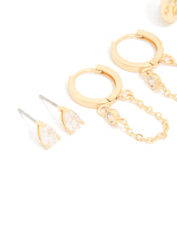 Gold Plated Brass Cubic Zirconia Teardrop Pear Stud & Huggie Earrings 4-Pack - link has visual effect only