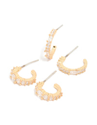 Gold Plated Brass Mixed Cut Cubic Zirconia Open Hoop Earrings 2-Pack - link has visual effect only