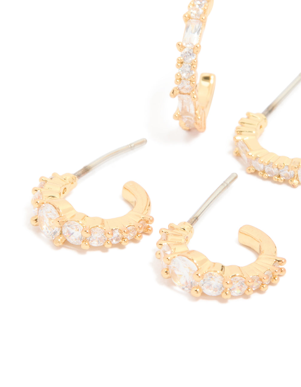 Gold Plated Brass Mixed Cut Cubic Zirconia Open Hoop Earrings 2-Pack