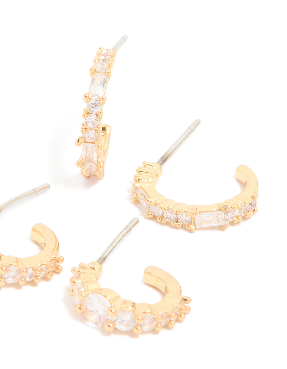 Gold Plated Brass Mixed Cut Cubic Zirconia Open Hoop Earrings 2-Pack
