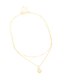 Gold Plated Brass Cubic Zirconia Mary Pendant & Ball Chain Layered Necklace - link has visual effect only