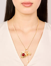 Gold Red Stone Centre Heart, Flower & Key Charm Necklace - link has visual effect only