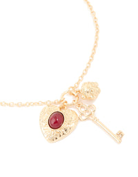 Gold Red Stone Centre Heart, Flower & Key Charm Necklace - link has visual effect only