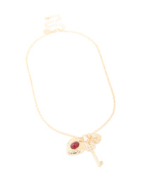Gold Red Stone Centre Heart, Flower & Key Charm Necklace - link has visual effect only