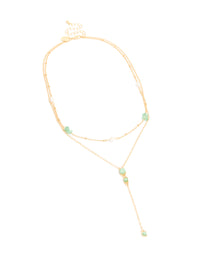 Gold Plated Green Stone & Freshwater Pearl Double Layered Y-Necklace - link has visual effect only