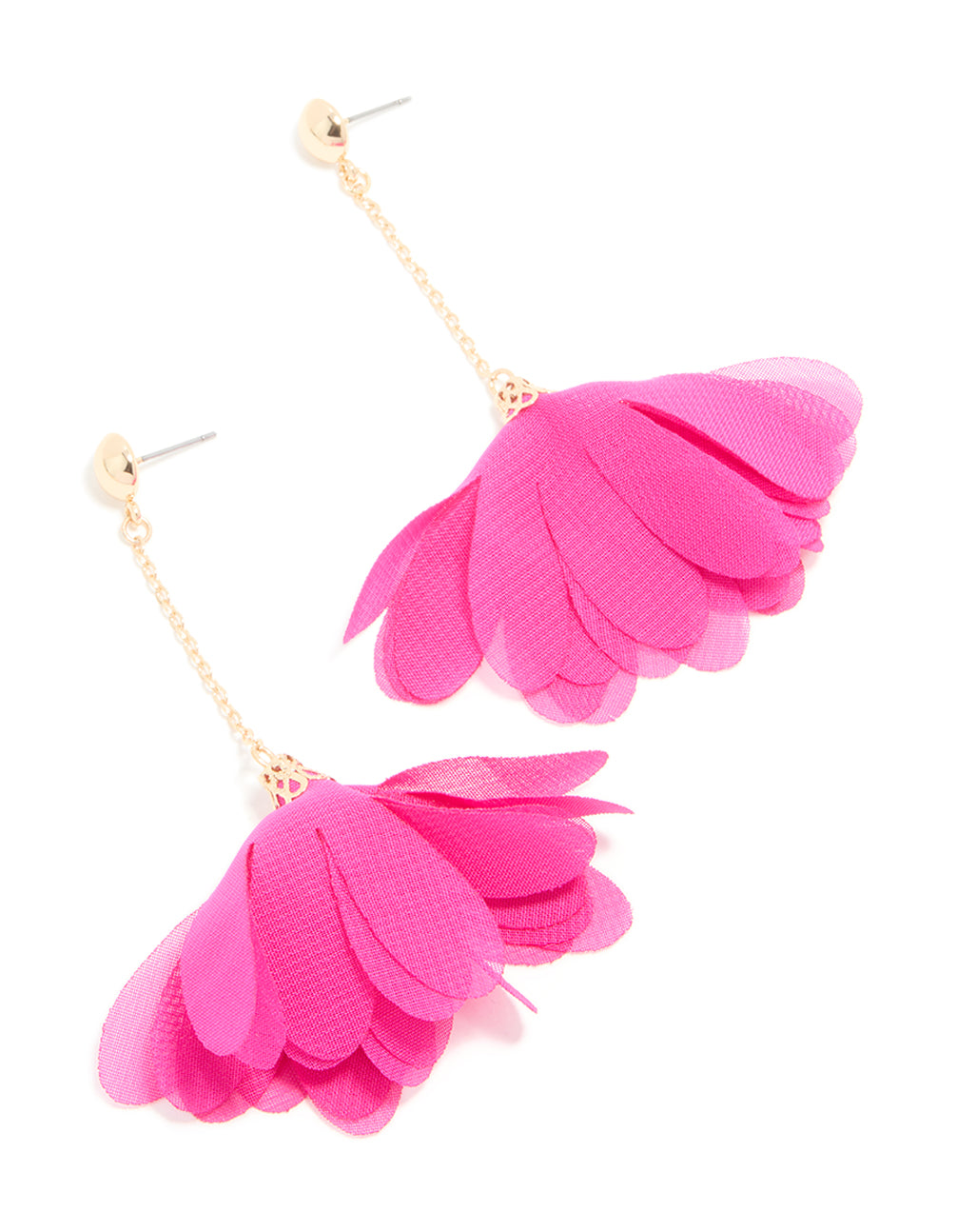 Gold Ball Chain Fuschia Fabric Flower Drop Earrings