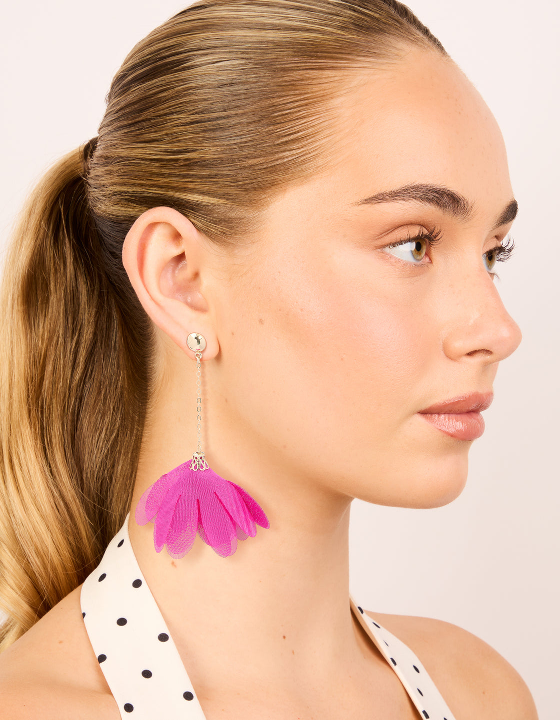 Gold Ball Chain Fuschia Fabric Flower Drop Earrings