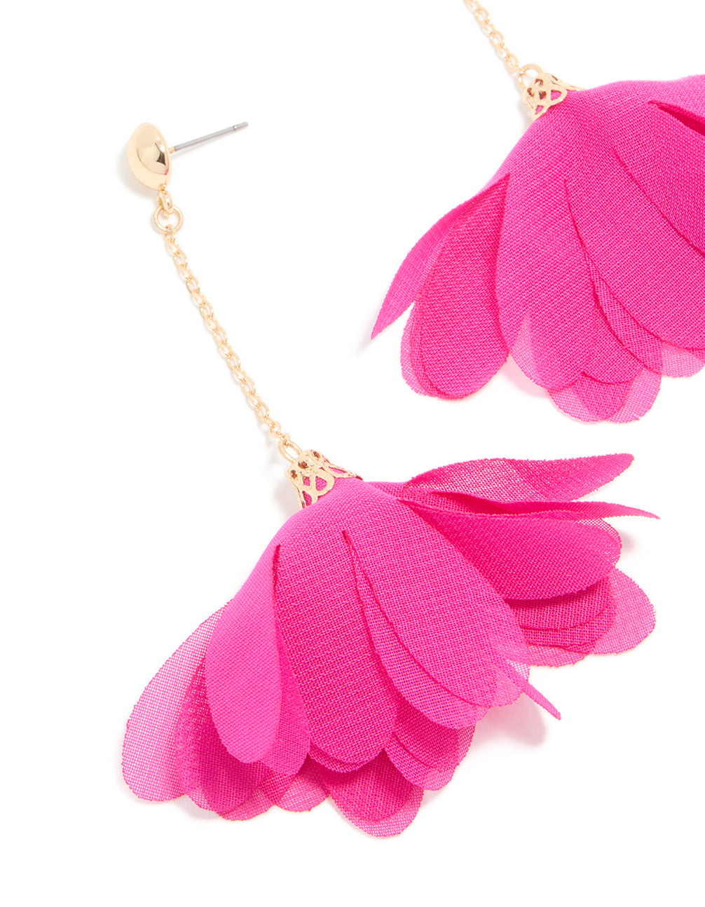 Gold Ball Chain Fuschia Fabric Flower Drop Earrings