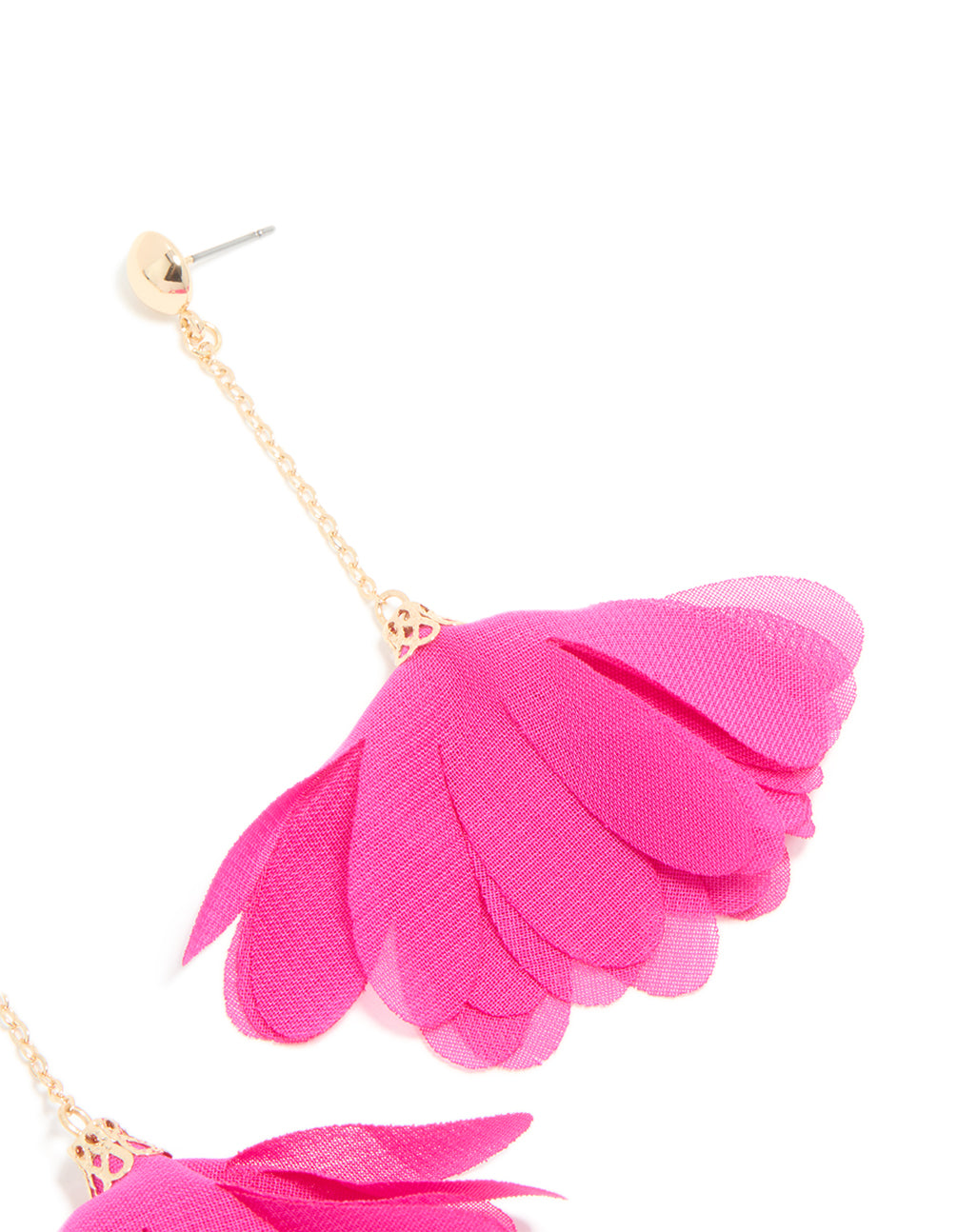 Gold Ball Chain Fuschia Fabric Flower Drop Earrings