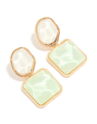 Gold White & Green Organic Stone Round & Square Drop Earrings - link has visual effect only