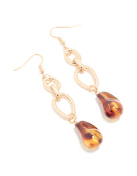Gold Chain Link & Brown Beaded Drop Earrings - link has visual effect only