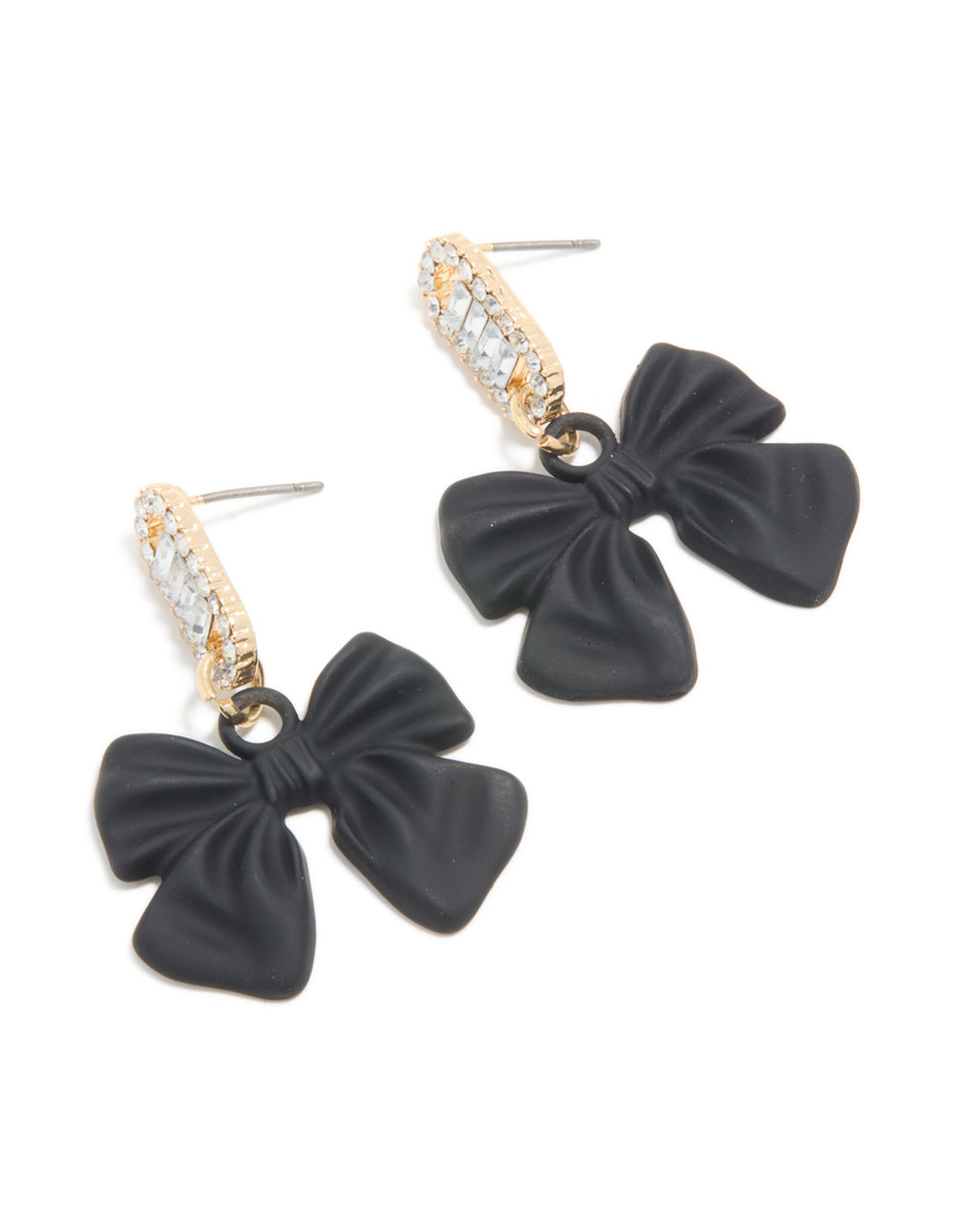 Gold Black Coated Metal Bow & Oval Diamante Bow Drop Earrings