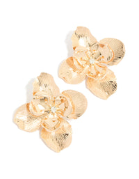 Gold Diamante Centre Textured Flower Stud Earrings - link has visual effect only