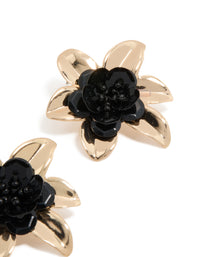 Gold Black Beaded Flower Stud Earrings - link has visual effect only
