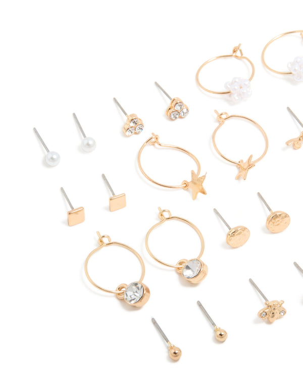Gold Diamante & Bee Stud Earrings 12-Pack