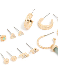 Gold Green Diamante Stud Earrings 7-Pack - link has visual effect only