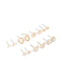 Gold Cubic Zirconia & Butterfly Stud Earrings 7-Pack - link has visual effect only