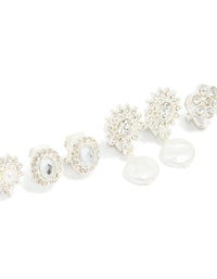 Silver Diamante & Pearl Flower Clip On Earrings 4-Pack - link has visual effect only