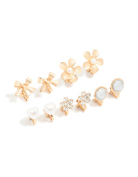 Gold Pearl Flower & Bow Clip On Earrings 4-Pack - link has visual effect only