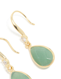 Gold Plated Green Aventurine Semi Precious Stone Cubic Zirconia Large Drop Earrings - link has visual effect only