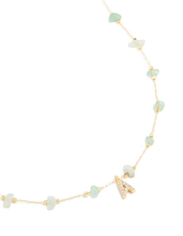 Gold Plated Green Aventurine Semi Precious Stone Cubic Zirconia Letter A Necklace