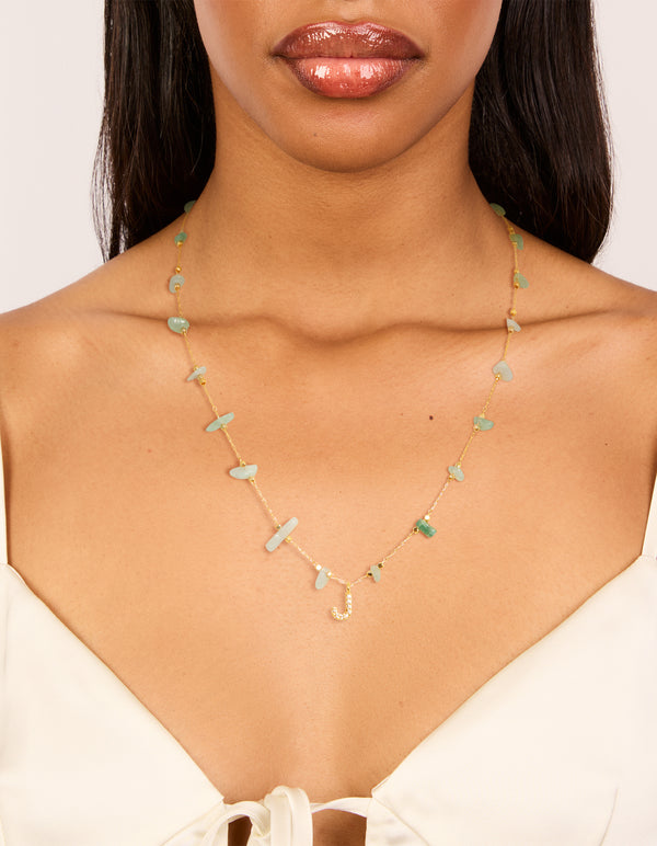Gold Plated Green Aventurine Semi Precious Stone Cubic Zirconia Letter J Necklace