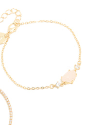 Gold Plated Cubic Zirconia & Rose Quartz Semi-Precious Stone Bracelets 2-Pack - link has visual effect only
