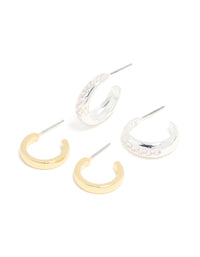 Mixed Metal Plated & Cubic Zirconia Line Open Hoop Earrings 2-Pack - link has visual effect only