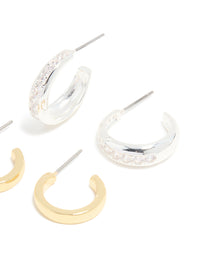 Mixed Metal Plated & Cubic Zirconia Line Open Hoop Earrings 2-Pack - link has visual effect only
