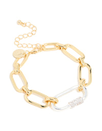 Mixed Metal Plated Diamante Carabiner Chain Bracelet - link has visual effect only