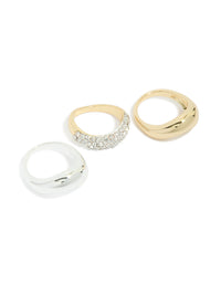 Mixed Metal Plated Diamante & Chunky Wave Diamante Rings 3-Pack - link has visual effect only