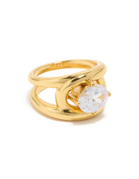 Featuring waterproof gold plated stainless steel with cubic zirconia fancy split band ring front view - link has visual effect only