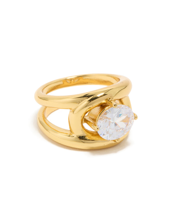 Featuring waterproof gold plated stainless steel with cubic zirconia fancy split band ring front view
