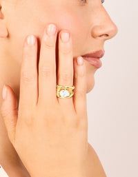 Crafted from waterproof gold plated stainless steel with cubic zirconia fancy split band ring on finger view - link has visual effect only