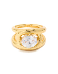 Highlighting waterproof gold plated stainless steel with cubic zirconia fancy split band ring close up view - link has visual effect only